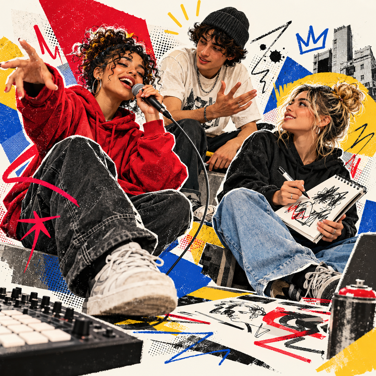 Kreatives Collage-Motiv mit jungen Menschen beim Rappen, Zeichnen und Austausch